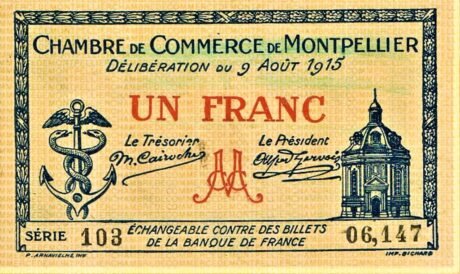 Аверс банкноты 1 frank – Izba Handlowa w Montpellier (Francja) 1915