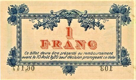 Реверс банкноты 1 frank – Izba Handlowa w Montpellier (Francja) 1915