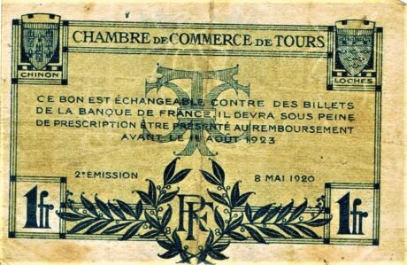 Реверс банкноты 1 frank – Izba Handlowa w Tours (Francja) 1920