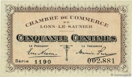 Аверс банкноты 50 сантимов - Торговая палата Лон-ле-Сонье (Франция) 1920 года