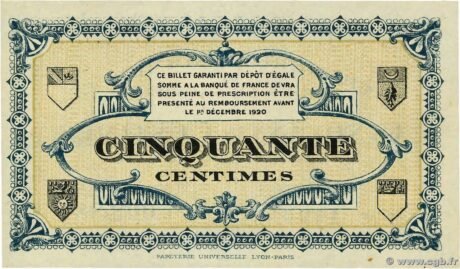 Реверс банкноты 50 сантимов - Торговая палата Лон-ле-Сонье (Франция) 1920 года