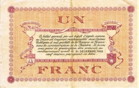 Реверс банкноты 1 франк - Торговая палата Лон-ле-Сонье (Франция) 1922 года