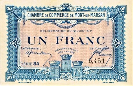 Аверс банкноты 1 франк - Торговая палата Мон-де-Марсан (Франция) 1917 года