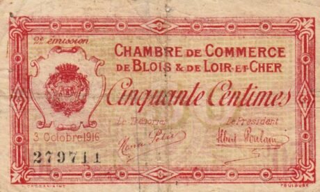 Аверс банкноты 50 centymów – Izba Handlowa w Blois i Loir-et-Cher (Francja) 1916