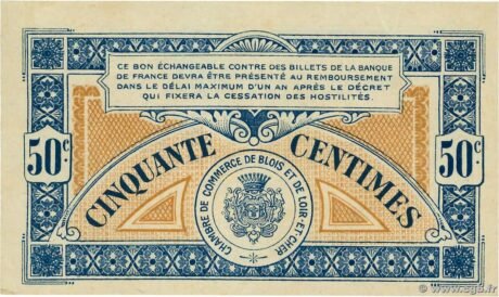 Реверс банкноты 50 сантимов - Торговая палата Блуа и Луар-э-Шер (Франция) 1918 года