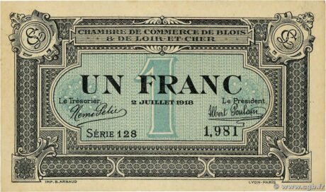 Аверс банкноты 1 франк - Торговая палата Блуа и Луар-э-Шер (Франция) 1918 года