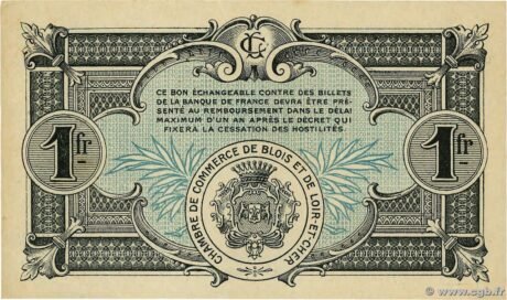 Реверс банкноты 1 франк - Торговая палата Блуа и Луар-э-Шер (Франция) 1918 года