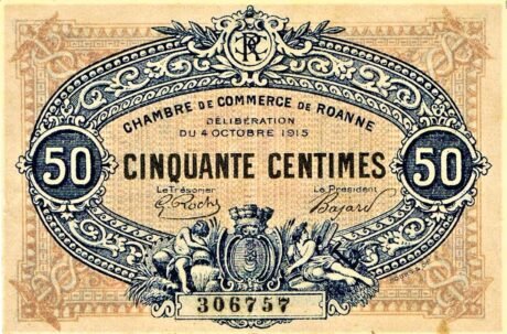 Аверс банкноты 50 сантимов - Торговая палата Роанн (Франция) 1915 года