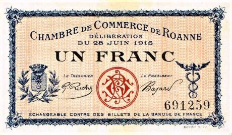Аверс банкноты 1 франк - Торговая палата Роанн (Франция) 1915 года