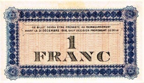 Реверс банкноты 1 франк - Торговая палата Роанн (Франция) 1915 года