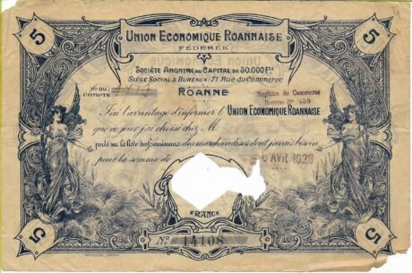 Аверс банкноты 5 франков - Коммерческий ваучер от Роанн (Франция) 1920 года