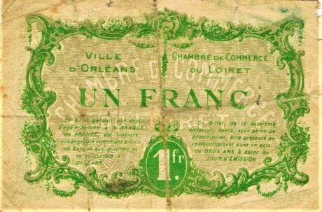 Реверс банкноты 1 франк - Торговая палата и город Орлеан (Франция) 1916 года