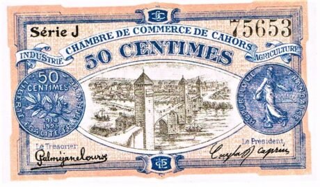 Аверс банкноты 50 centymów – Izba Handlowa w Cahors (Francja) 1918