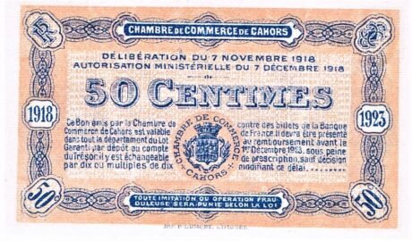 Реверс банкноты 50 centymów – Izba Handlowa w Cahors (Francja) 1918