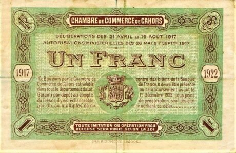 Реверс банкноты 1 франк - Торговая палата Каора (Франция) 1917 года