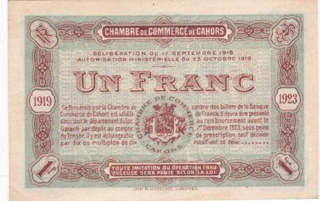 Реверс банкноты 1 франк - Торговая палата Каора (Франция) 1917 года