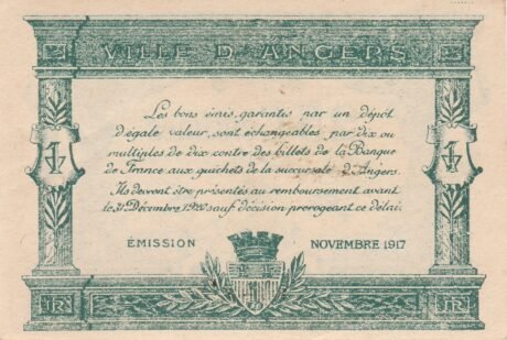 Реверс банкноты 25 centymów – Izba Handlowa w Angers (Francja) 1917