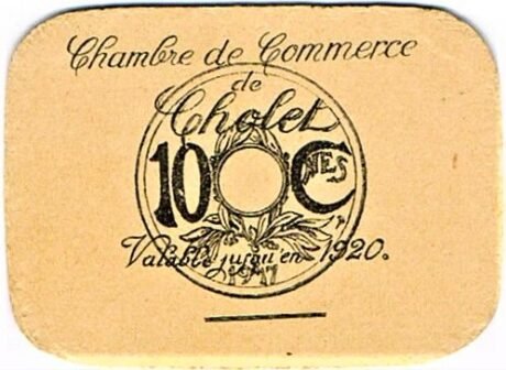 Реверс банкноты 10 сантимов - Торговая палата Шоле (Франция) 1920 года