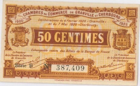 Аверс банкноты 50 centymów – Izba Handlowa Granville i Cherbourga (Francja) 1920