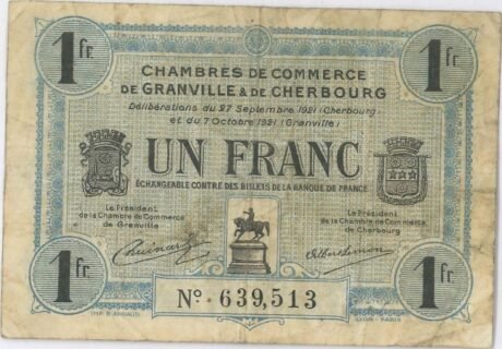 Аверс банкноты 1 frank – Izba Handlowa Granville i Cherbourga (Francja) 1921