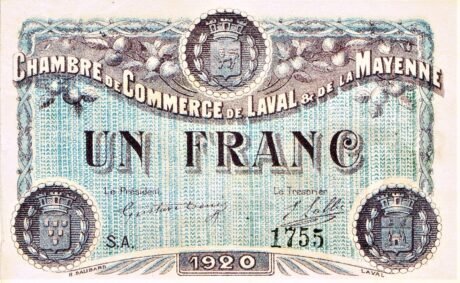 Аверс банкноты 1 франк - Торговая палата Лаваля (Франция) 1923 года