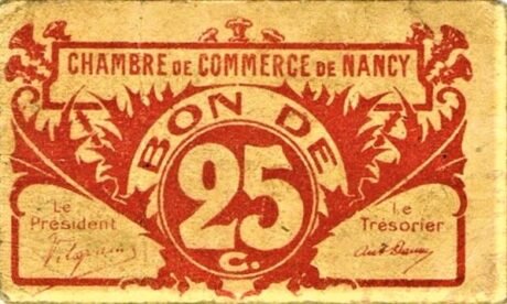 Аверс банкноты 25 сантимов - Торговая палата Нэнси (Франция) 1918 года