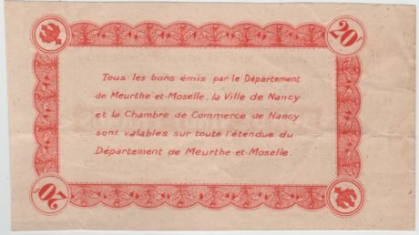 Реверс банкноты 20 франков - Торговая палата Нанси (Франция) 1940 года