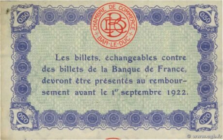 Реверс банкноты 50 сантимов - Торговая палата Бар-ле-Дюк (Франция) 1917 года