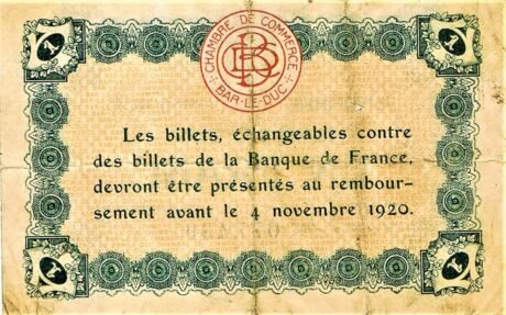 Реверс банкноты 1 франк - Торговая палата Бар-ле-Дюк (Франция) 1920 года