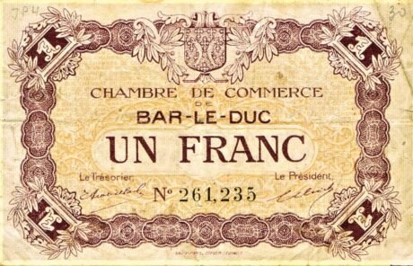 Аверс банкноты 1 франк - Торговая палата Бар-ле-Дюк (Франция) 1920 года
