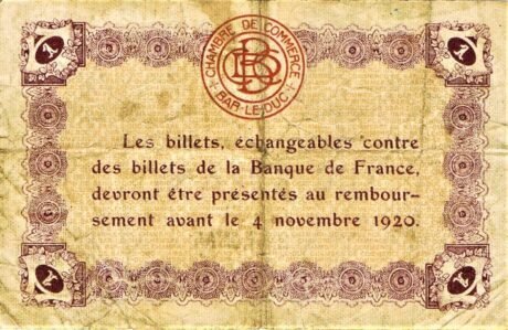 Реверс банкноты 1 франк - Торговая палата Бар-ле-Дюк (Франция) 1920 года