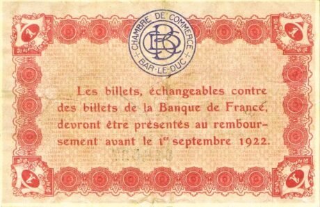Реверс банкноты 1 франк - Торговая палата Бар-ле-Дюк (Франция) 1922 года