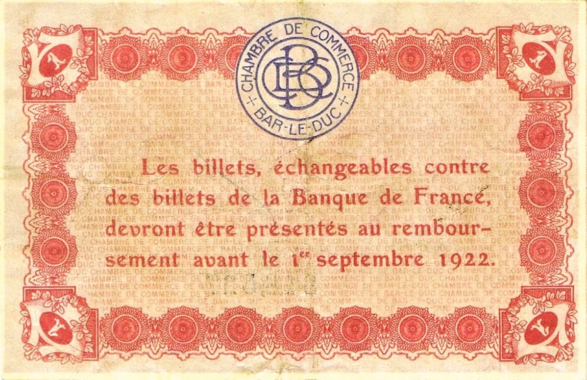 Реверс банкноты 1 франк - Торговая палата Бар-ле-Дюк (Франция) 1922 года