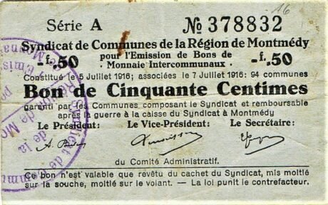 Аверс банкноты 50 сантимов - Монмеди (Франция) 1914 года