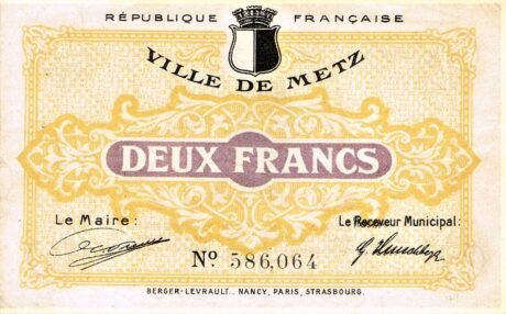 Аверс банкноты 2 франка - Виль де Мец (Франция) 1918 года