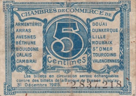 Реверс банкноты 5 сантимов - Торговые палаты Нор и Па-де-Кале (Франция) 1918 года