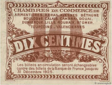 Реверс банкноты 10 centymów - Izby Handlowe Nord i Pas-de-Calais (Francja) 1918