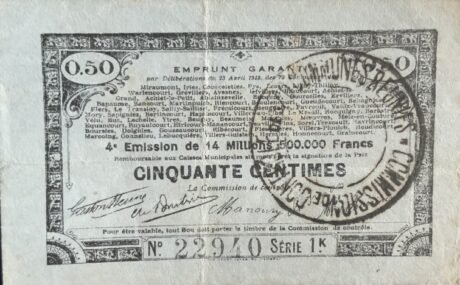 Аверс банкноты 50 сантимов - 70 коммун (Франция) 1915 года