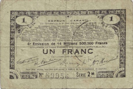 Аверс банкноты 1 франк - Гарантированный кредит от 70 коммун в оккупированной зоне (Франция) 1915 года