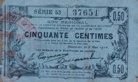 Аверс банкноты 50 сантимов - Департаменты Нор, Эна и Уаза (Франция) 1916 года