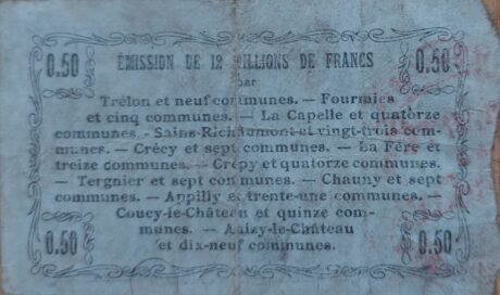 Реверс банкноты 50 сантимов - Департаменты Нор, Эна и Уаза (Франция) 1916 года