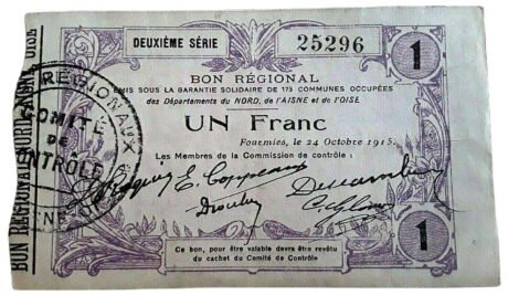Аверс банкноты 1 франк - 173 коммуны Севера, Эны и Уазы 1915 года