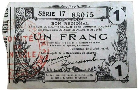 Аверс банкноты 1 франк - 176 муниципалитета Севера, Эны и Уазы (Франция) 1916 года