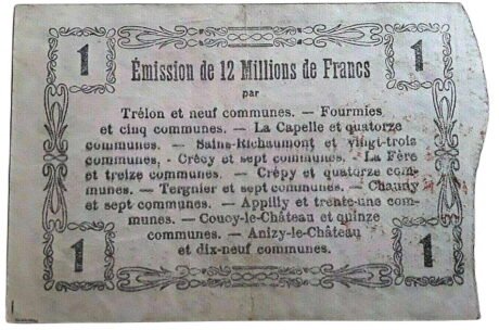 Реверс банкноты 1 франк - 176 муниципалитета Севера, Эны и Уазы (Франция) 1916 года
