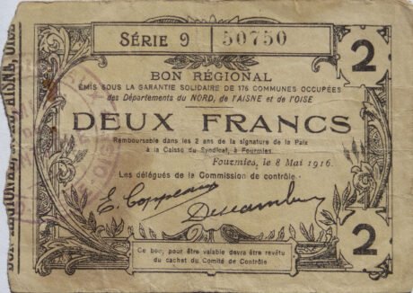 Аверс банкноты 2 франка - Муниципалитеты Севера, Эны и Уазы (Франция) 1916 года