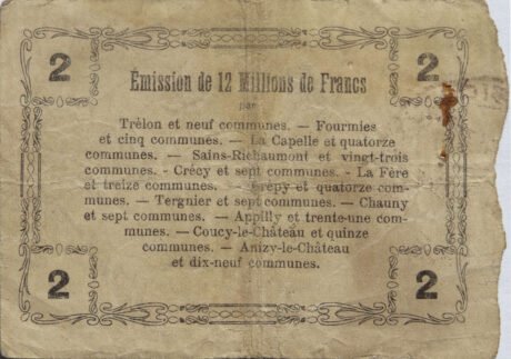 Реверс банкноты 2 франка - Муниципалитеты Севера, Эны и Уазы (Франция) 1916 года