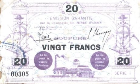 Аверс банкноты 20 франков - Компания Анзин Майнс (Франция) 1914 года