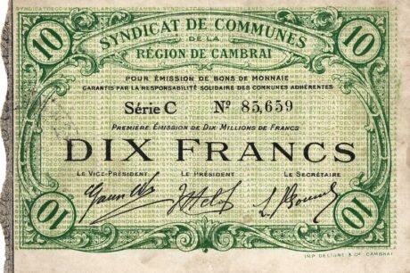 Аверс банкноты 10 франков - синдикат коммун региона Камбре (Франция) 1916 года
