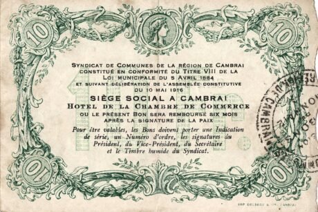Реверс банкноты 10 франков - синдикат коммун региона Камбре (Франция) 1916 года