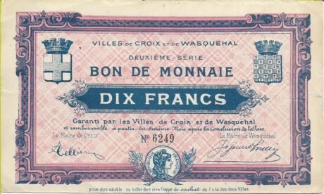 Аверс банкноты 10 франков - валютный ваучер Креста и Васкеаля (Франция) 1914 года